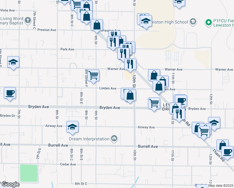 map of restaurants, bars, coffee shops, grocery stores, and more near 922 Linden Avenue in Lewiston