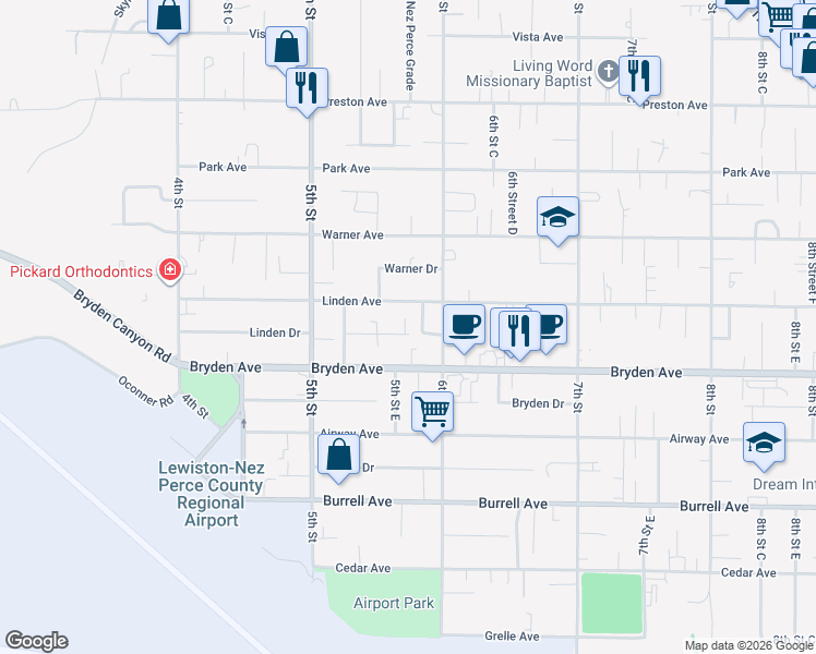 map of restaurants, bars, coffee shops, grocery stores, and more near 531 Linden Drive in Lewiston
