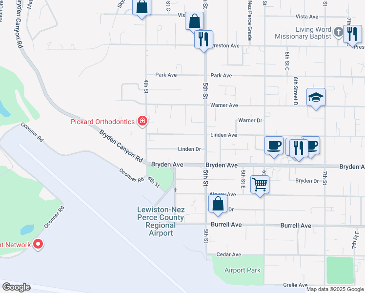 map of restaurants, bars, coffee shops, grocery stores, and more near 416 Linden Dr in Lewiston