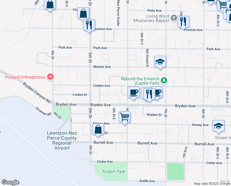 map of restaurants, bars, coffee shops, grocery stores, and more near 531 Linden Drive in Lewiston