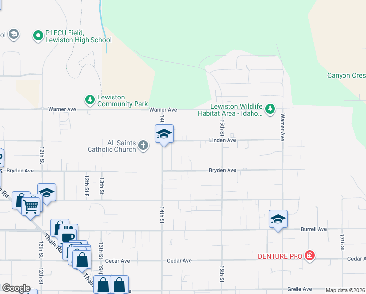 map of restaurants, bars, coffee shops, grocery stores, and more near 1416 Linden Avenue in Lewiston