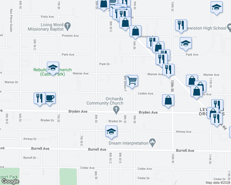map of restaurants, bars, coffee shops, grocery stores, and more near 811 Linden Avenue in Lewiston