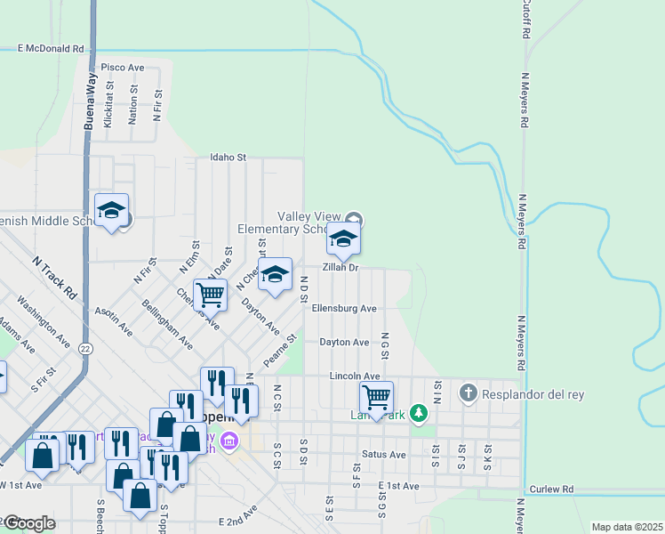 map of restaurants, bars, coffee shops, grocery stores, and more near Zillah Drive in Toppenish
