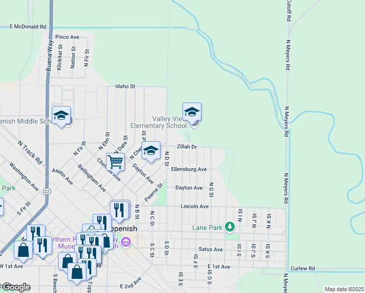 map of restaurants, bars, coffee shops, grocery stores, and more near Zillah Drive in Toppenish