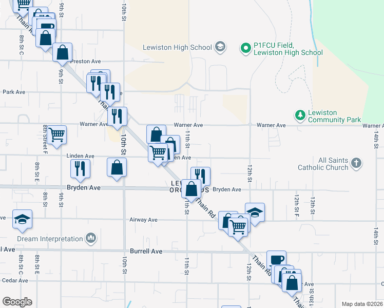 map of restaurants, bars, coffee shops, grocery stores, and more near 3309 1/2 11th Street in Lewiston