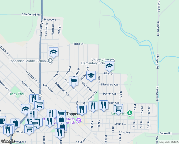 map of restaurants, bars, coffee shops, grocery stores, and more near 410 N Chestnut St in Toppenish