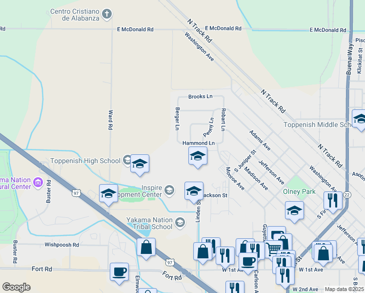 map of restaurants, bars, coffee shops, grocery stores, and more near 1409 Hammond Lane in Toppenish
