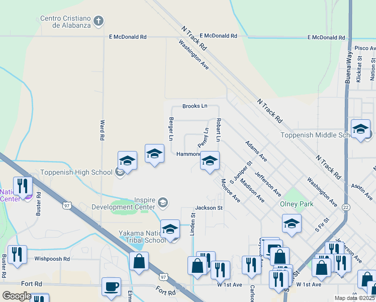 map of restaurants, bars, coffee shops, grocery stores, and more near 1404 Hammond Ln in Toppenish