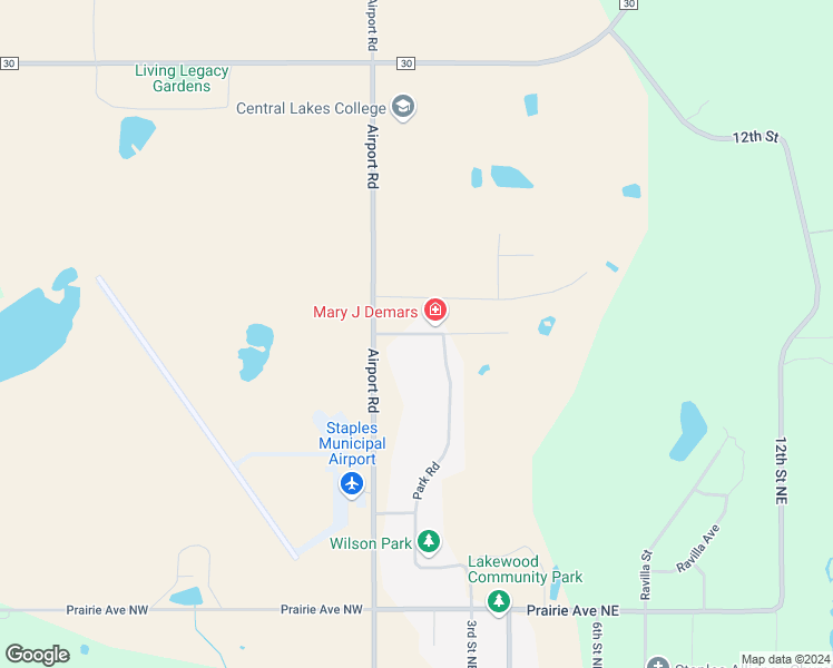 map of restaurants, bars, coffee shops, grocery stores, and more near Airview Drive in Staples