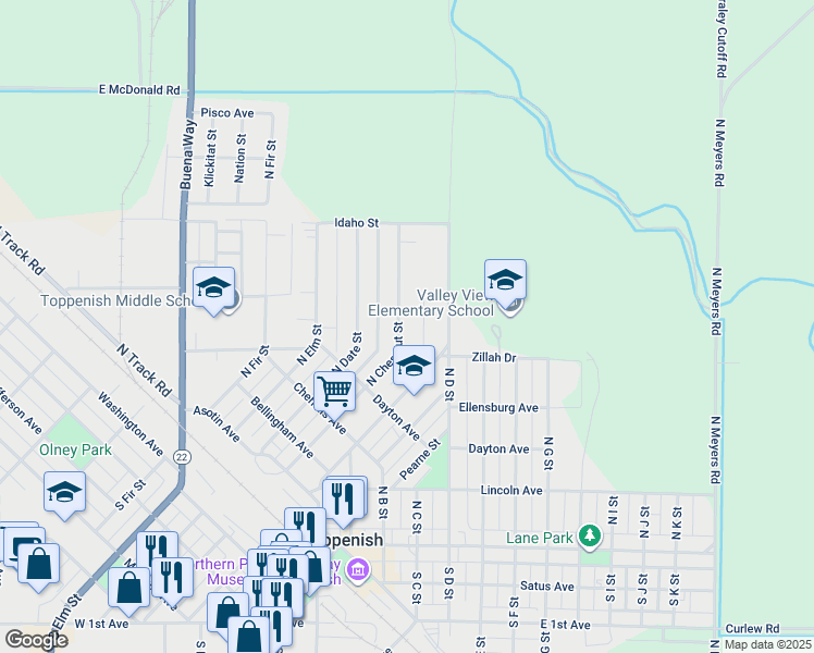 map of restaurants, bars, coffee shops, grocery stores, and more near 410 N Chestnut St in Toppenish