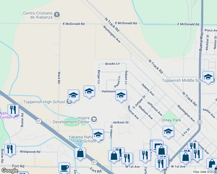 map of restaurants, bars, coffee shops, grocery stores, and more near 1404 Hammond Ln in Toppenish