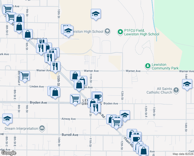 map of restaurants, bars, coffee shops, grocery stores, and more near 3309 1/2 11th Street in Lewiston