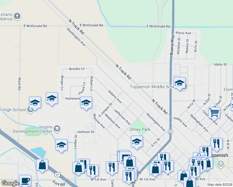 map of restaurants, bars, coffee shops, grocery stores, and more near 1002 Adams Ave in Toppenish