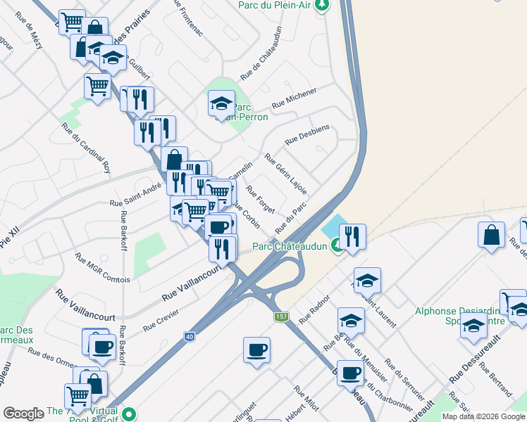 map of restaurants, bars, coffee shops, grocery stores, and more near 581 Rue Forget in Trois-Riviã¨Res