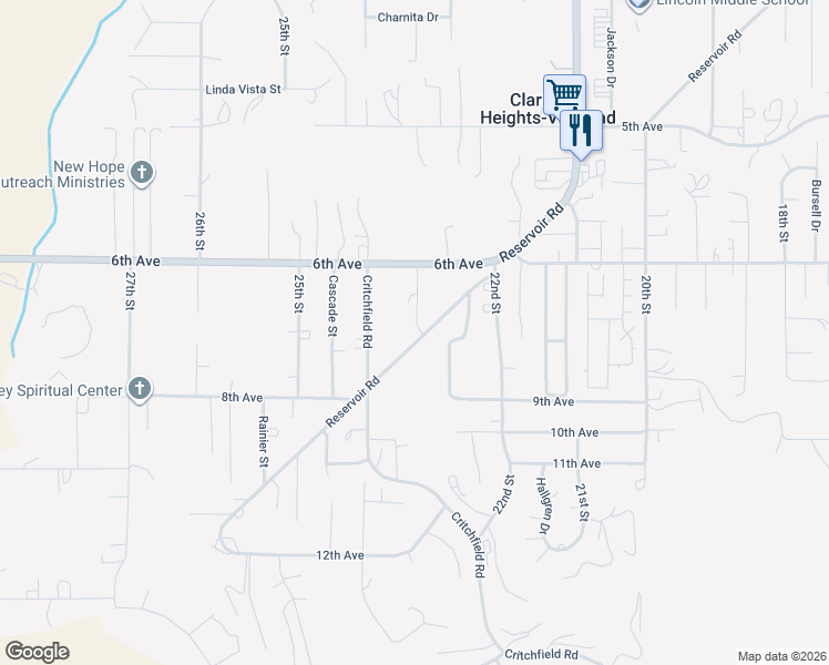 map of restaurants, bars, coffee shops, grocery stores, and more near 2320 Reservoir Road in Clarkston