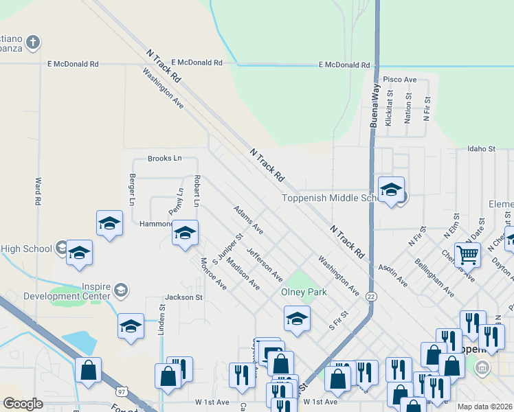 map of restaurants, bars, coffee shops, grocery stores, and more near 1002 Adams Ave in Toppenish