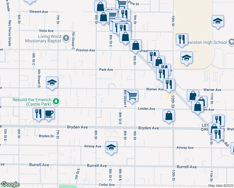 map of restaurants, bars, coffee shops, grocery stores, and more near 822 Warner Avenue in Lewiston