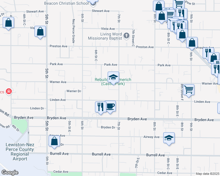 map of restaurants, bars, coffee shops, grocery stores, and more near 636 Warner Avenue in Lewiston