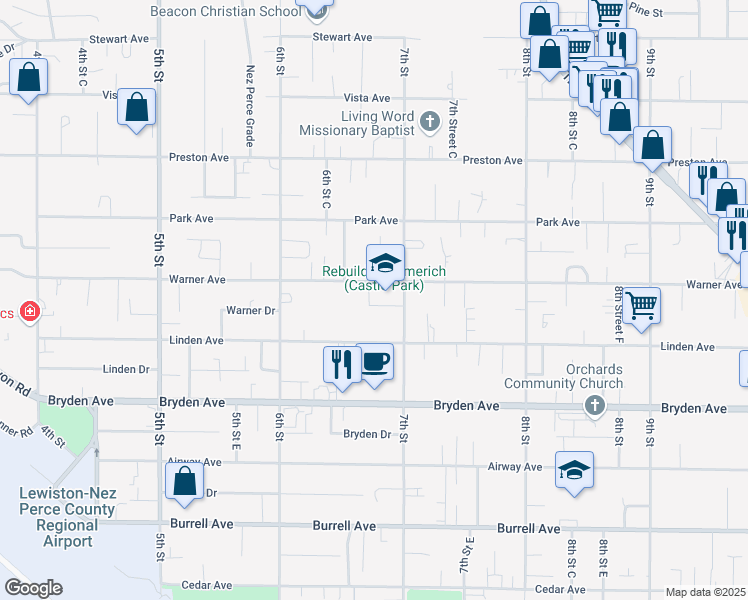 map of restaurants, bars, coffee shops, grocery stores, and more near 636 Warner Avenue in Lewiston