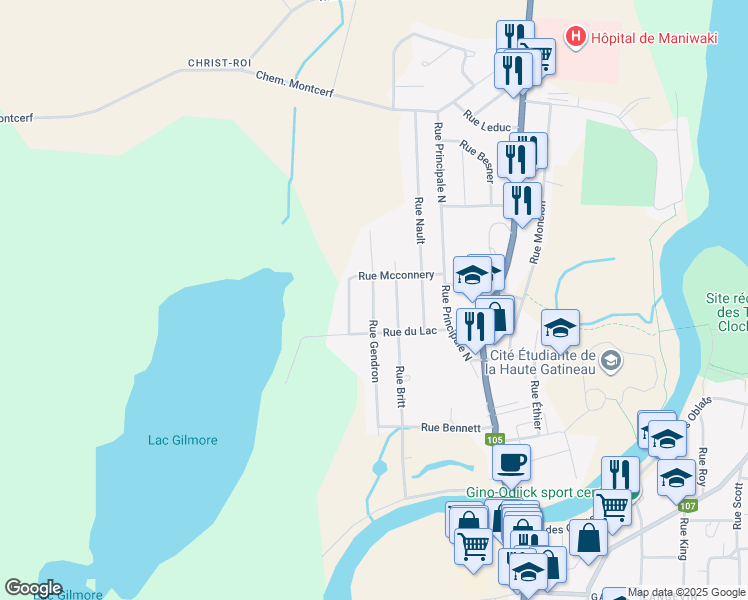 map of restaurants, bars, coffee shops, grocery stores, and more near 153 Rue Gendron in Maniwaki
