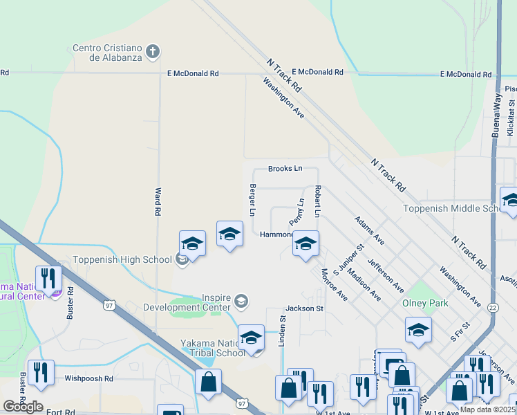 map of restaurants, bars, coffee shops, grocery stores, and more near 207 Berger Ln in Toppenish