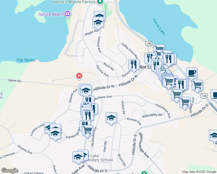 map of restaurants, bars, coffee shops, grocery stores, and more near 80 Hillside Drive North in Elliot Lake