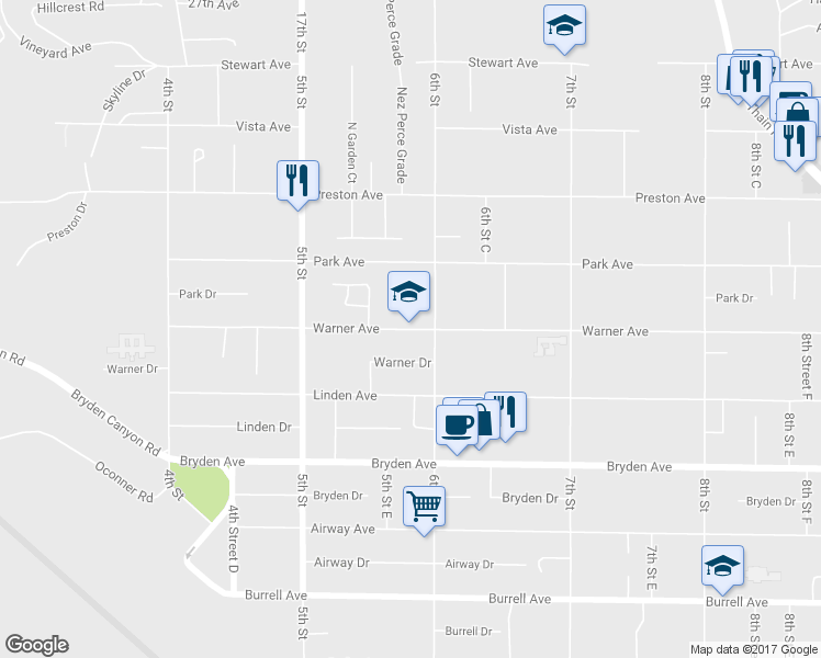 map of restaurants, bars, coffee shops, grocery stores, and more near 535 Warner Avenue in Lewiston