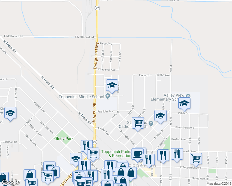 map of restaurants, bars, coffee shops, grocery stores, and more near 503 North Fir Street in Toppenish