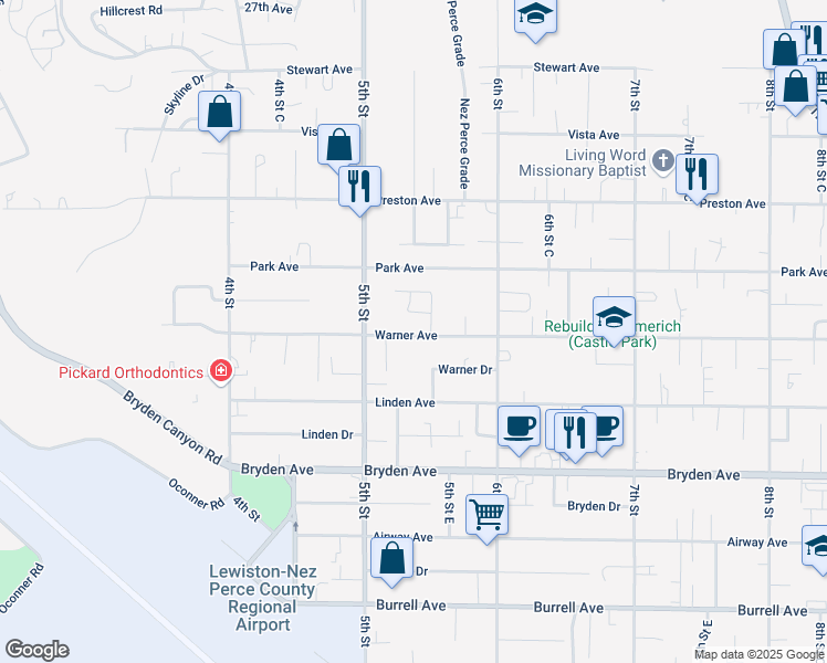 map of restaurants, bars, coffee shops, grocery stores, and more near 509 Warner Avenue in Lewiston