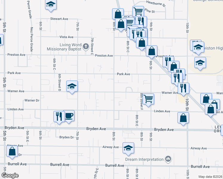 map of restaurants, bars, coffee shops, grocery stores, and more near 731 Warner Avenue in Lewiston