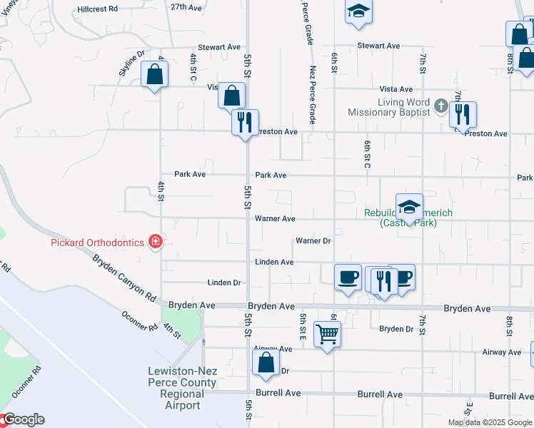 map of restaurants, bars, coffee shops, grocery stores, and more near 509 Warner Avenue in Lewiston