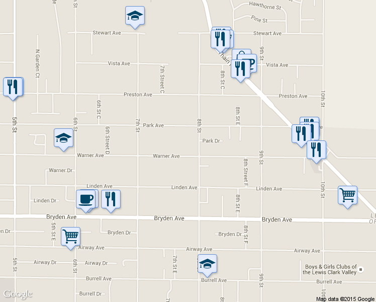 map of restaurants, bars, coffee shops, grocery stores, and more near 731 Warner Avenue in Lewiston