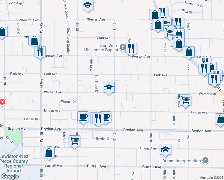 map of restaurants, bars, coffee shops, grocery stores, and more near 639 Warner Avenue in Lewiston