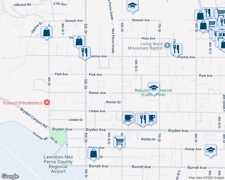 map of restaurants, bars, coffee shops, grocery stores, and more near 535 Warner Avenue in Lewiston