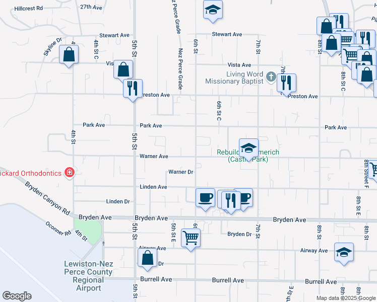 map of restaurants, bars, coffee shops, grocery stores, and more near 535 Warner Avenue in Lewiston