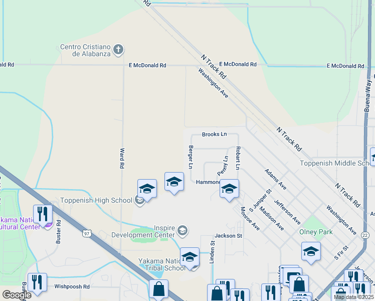 map of restaurants, bars, coffee shops, grocery stores, and more near 207 Berger Ln in Toppenish