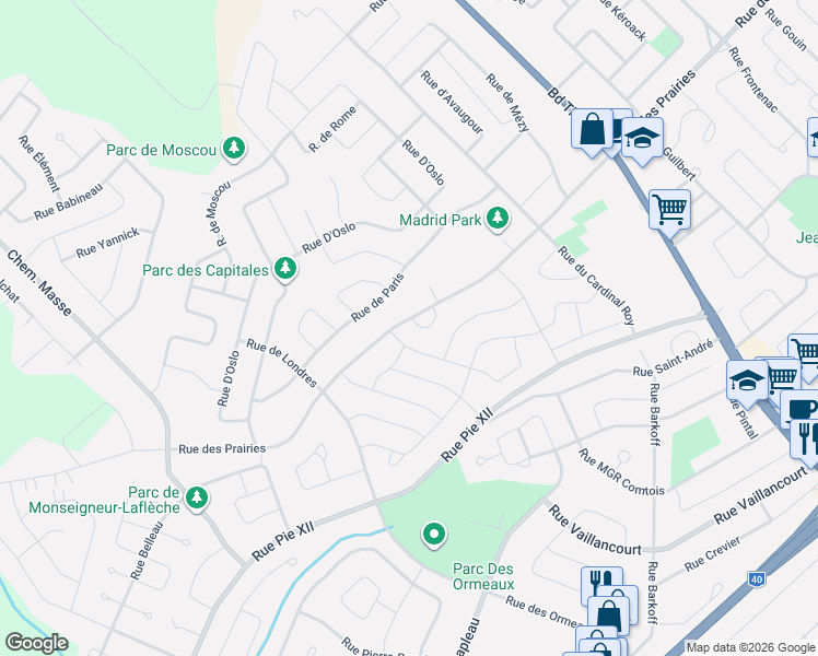 map of restaurants, bars, coffee shops, grocery stores, and more near 1568 Rue des Prairies in Trois-Rivières