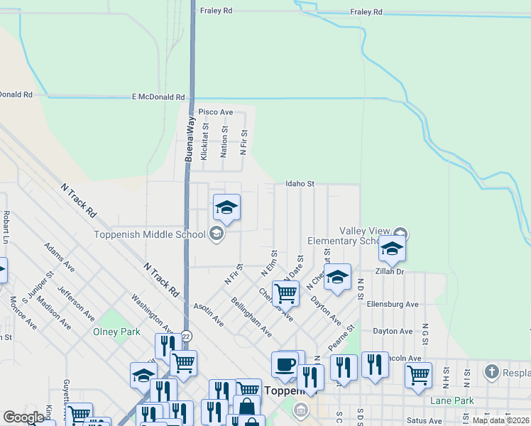 map of restaurants, bars, coffee shops, grocery stores, and more near 505 North Elm Street in Toppenish
