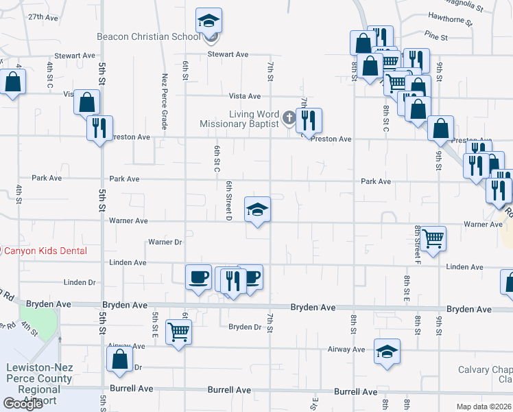 map of restaurants, bars, coffee shops, grocery stores, and more near 639 Warner Avenue in Lewiston