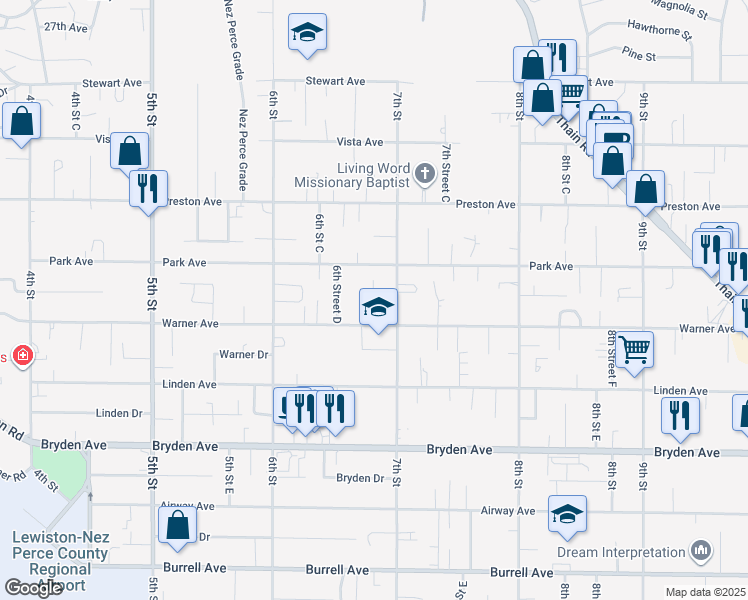 map of restaurants, bars, coffee shops, grocery stores, and more near 639 Warner Avenue in Lewiston