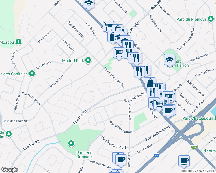 map of restaurants, bars, coffee shops, grocery stores, and more near 9 Rue Pépin in Trois-Rivières
