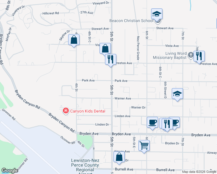map of restaurants, bars, coffee shops, grocery stores, and more near 3222 5th Street in Lewiston