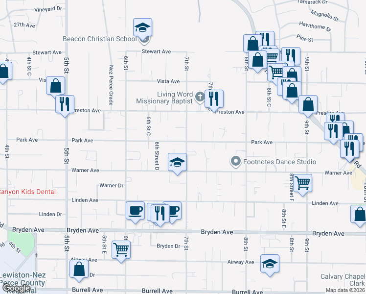 map of restaurants, bars, coffee shops, grocery stores, and more near 3220 7th Street in Lewiston