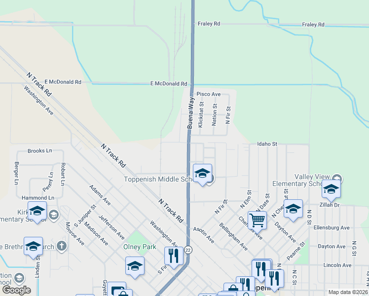 map of restaurants, bars, coffee shops, grocery stores, and more near Idaho St in Toppenish