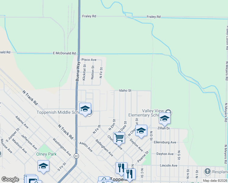 map of restaurants, bars, coffee shops, grocery stores, and more near Idaho St in Toppenish