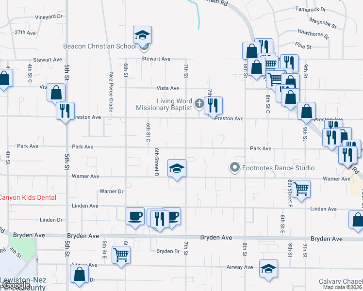 map of restaurants, bars, coffee shops, grocery stores, and more near 3220 7th Street in Lewiston