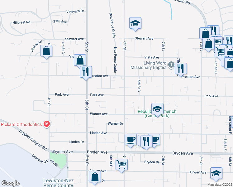 map of restaurants, bars, coffee shops, grocery stores, and more near 531 Park Avenue in Lewiston