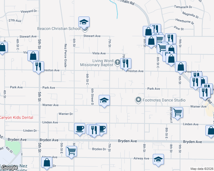 map of restaurants, bars, coffee shops, grocery stores, and more near 3220 7th Street in Lewiston