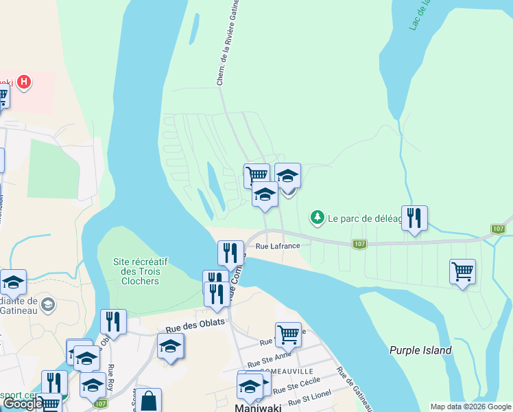 map of restaurants, bars, coffee shops, grocery stores, and more near Chemin de la Rivière Gatineau Nord in Outaouais