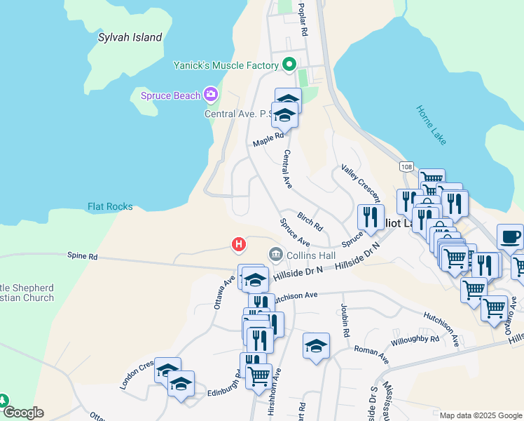 map of restaurants, bars, coffee shops, grocery stores, and more near 77 Spruce Avenue in Elliot Lake